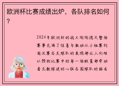 欧洲杯比赛成绩出炉，各队排名如何？